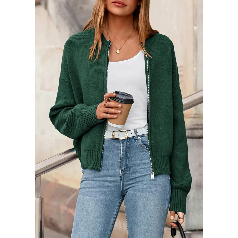 Women's Cropped Cardigan Sweater Knit Zipper Long Sleeve Fall Outerwear - Picture 4 of 8